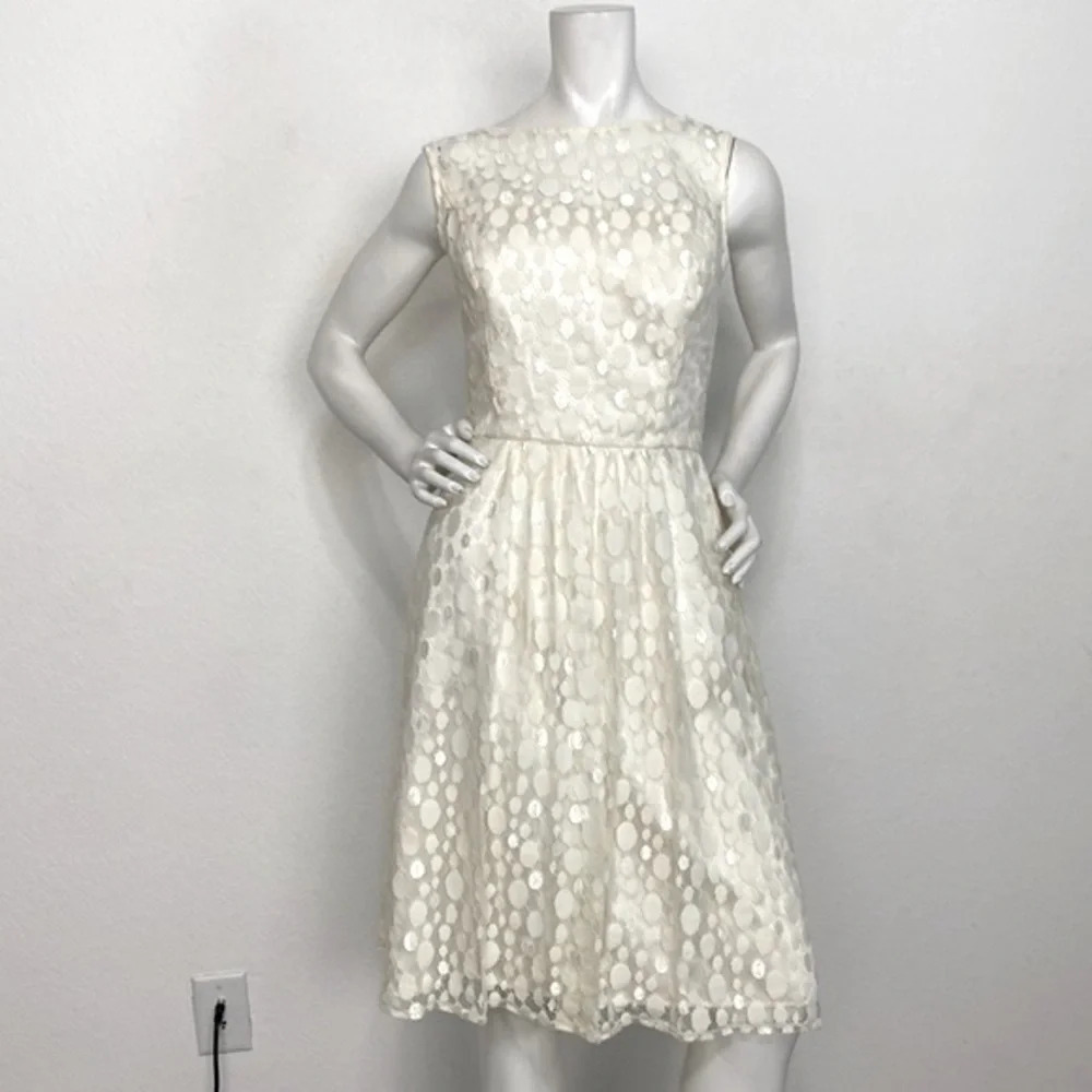After Six Cream Semi Sheer Lace Neck Romantic Sleeveless Party Midi Dress Sz 10